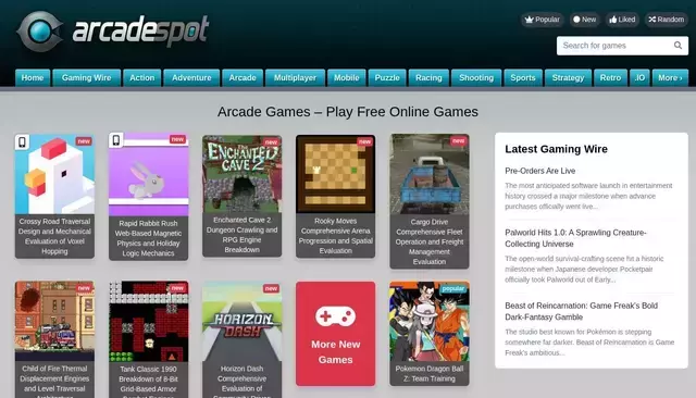 arcadespot.com homepage screenshot