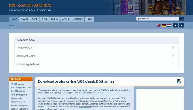 dosgamesarchive.com homepage screenshot