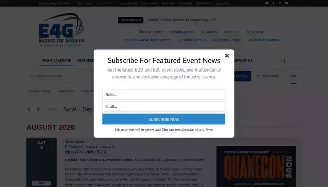 eventsforgamers.com homepage screenshot