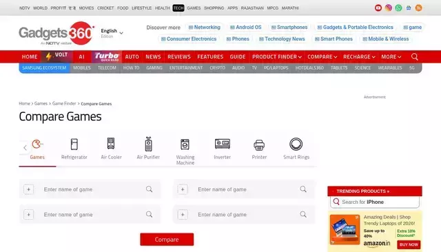 gadgets360.com homepage screenshot