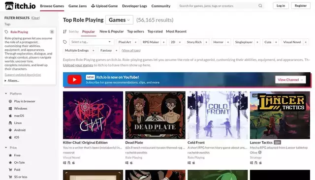 itch.io homepage screenshot