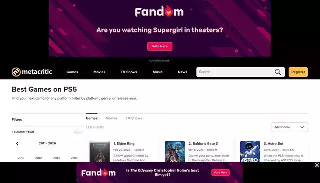 metacritic.com homepage screenshot
