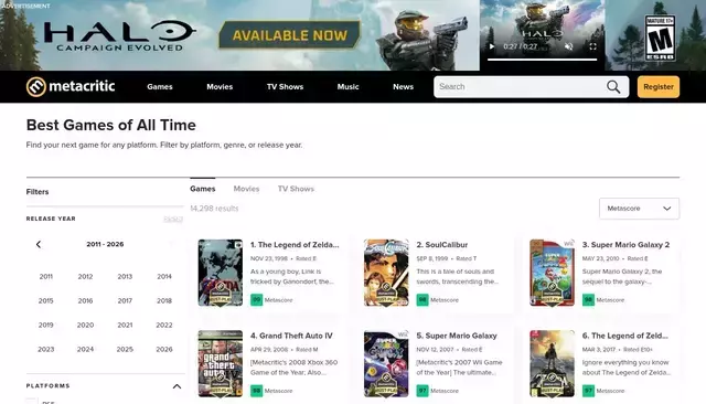 metacritic.com homepage screenshot