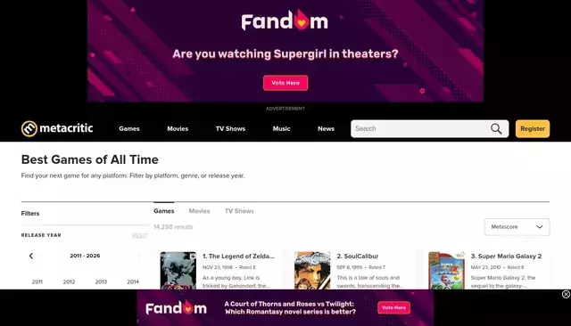 metacritic.com homepage screenshot