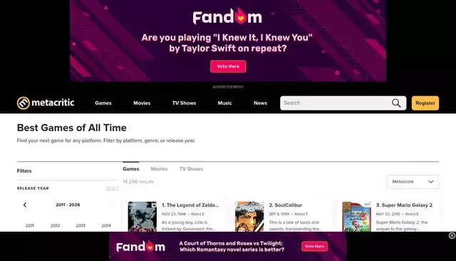 metacritic.com homepage screenshot