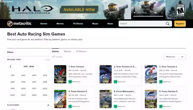 metacritic.com homepage screenshot