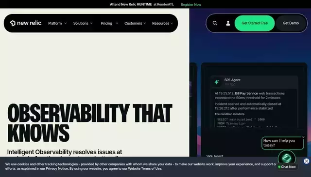 newrelic.com homepage screenshot