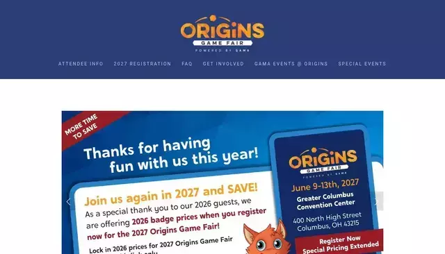 originsgamefair.com homepage screenshot
