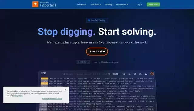 papertrail.com homepage screenshot