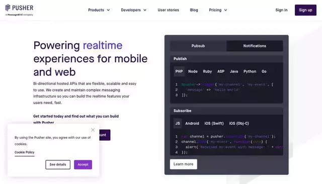 pusher.com homepage screenshot