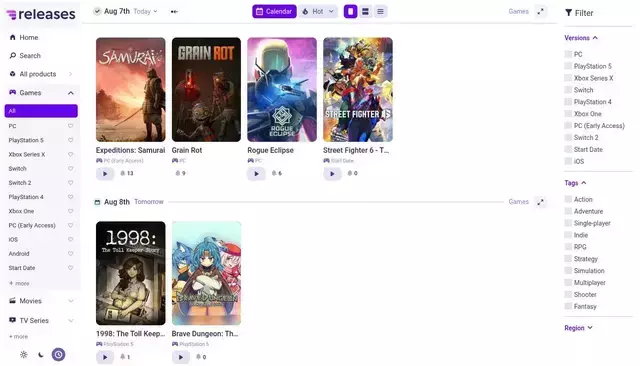 releases.com homepage screenshot