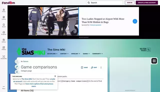 sims.fandom.com homepage screenshot