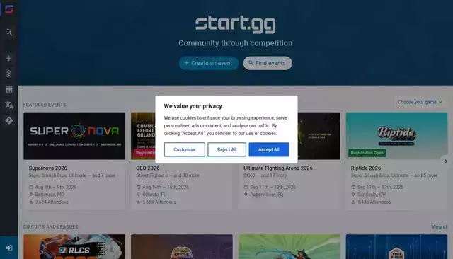 start.gg homepage screenshot