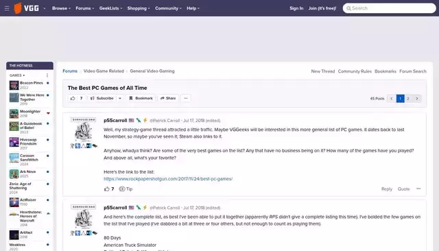 videogamegeek.com homepage screenshot