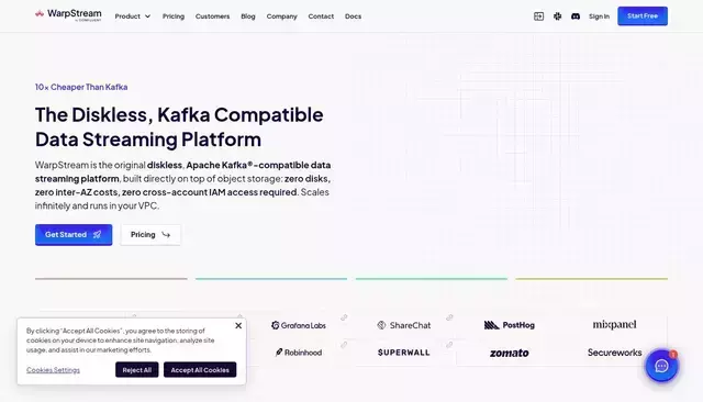 warpstream.com homepage screenshot