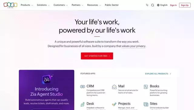 zoho.com homepage screenshot